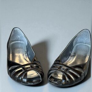 Stuart Weitzman Metallic Black Peep Toe Heels
